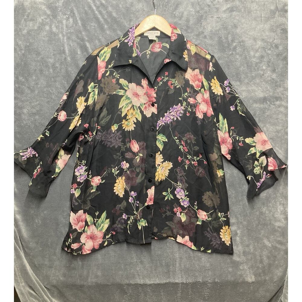 Whimsigoth Sheer Garden Floral Tunic Top Black Button-Up Flowy Maximalist 1X